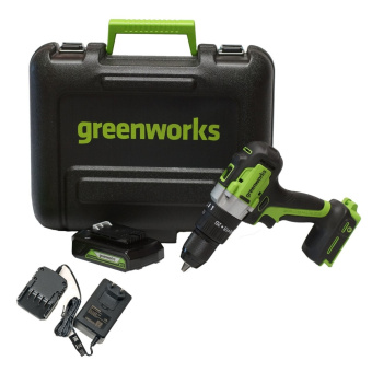 Аккумуляторная дрель-шуруповерт GREENWORKS 24V GD24DD60 (3704107UA) бесщеточная с 2 Ач аккумулятором и зарядным устройством в кейсе
